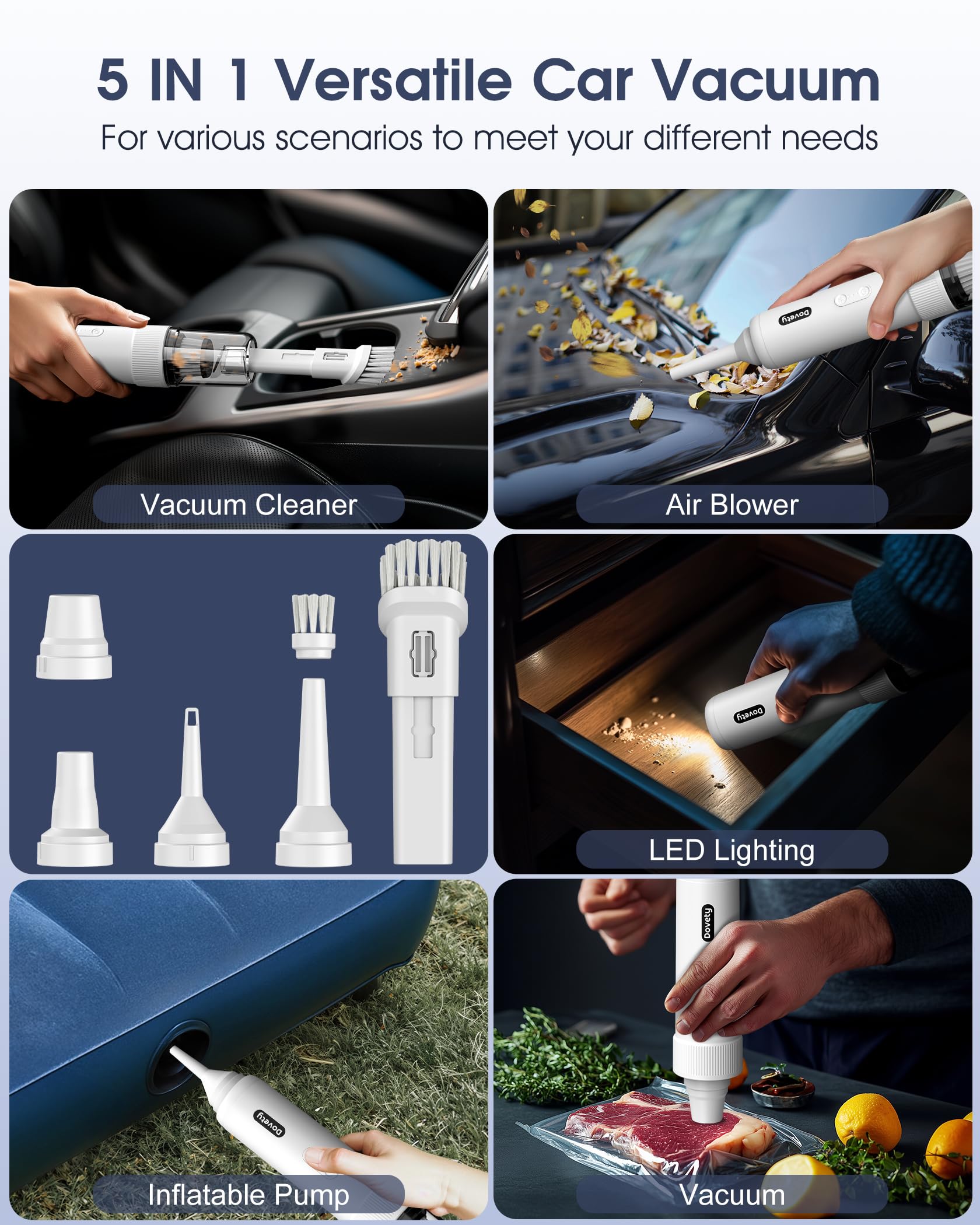 Handheld Car Vacuum Cleaner Cordless - 21000PA Powerful Suction, 5 in 1 Mini Vacuum with LED Light, Small Hand Held Cleaner Up t